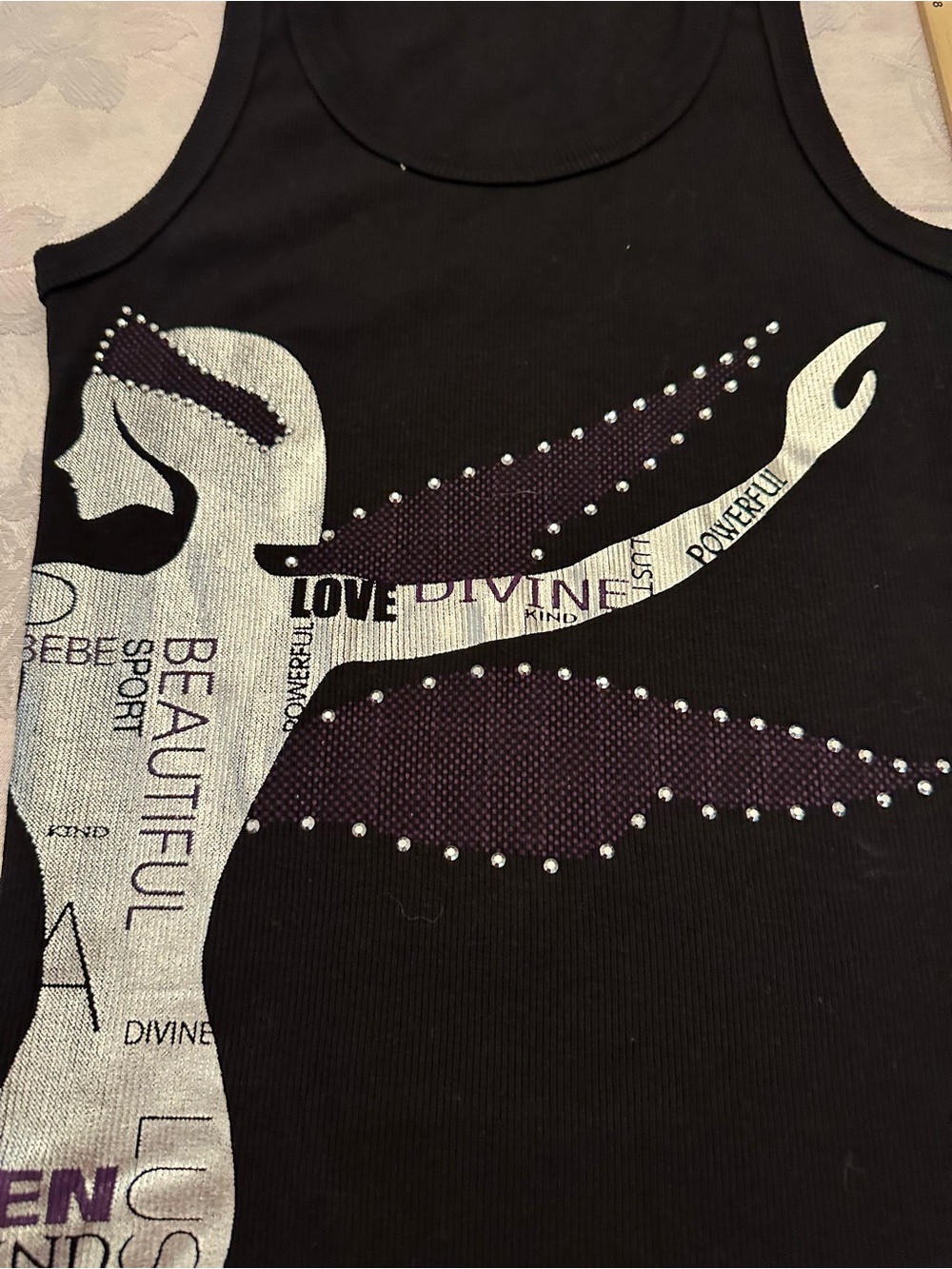 NWT Rare bebe Sport Be Beautiful Black Rhinestone Graphic Tank Y2K S - Picture 3 of 5